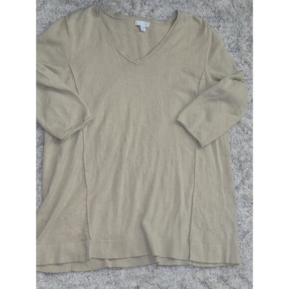 J Jill Missy Sz Medium Tan 1/2 Sleeve Top V Neck Knit Texture Cotton Blend - Picture 5 of 5